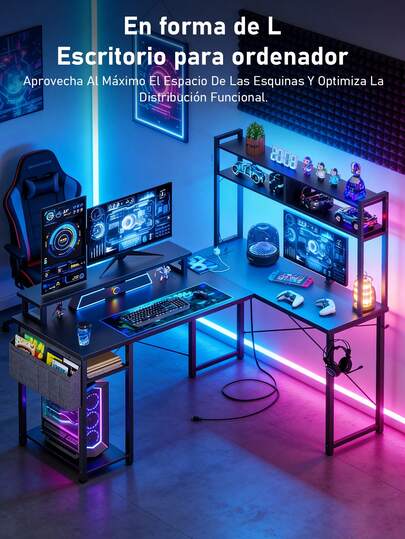 Escritorio de juego en forma de L pequeño con luces LED y enchufes,Escritorio de computadora, escritorio de juegos, escritorio en esquina, escritorio de computadora en forma de L reversible con soporte para monitor y estante de almacenamiento, escritorio de esquina para oficina en casa con bolsa de almacenamiento, negro
