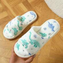 New Dinosaur Pattern Plush Slippers, Casual Open Toe Soft Couple House Slippers, Comfortable EVA Sole And Fabric Insole, Suitable For All Seasons, Unisex - Little Dinosaur, White - View 3