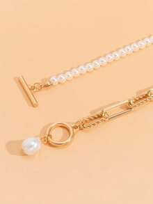 1条时尚长款串珠多层项链，复古珍珠扣项链，适合女性日常、约会、度假、婚礼、节日、休闲及特殊场合佩戴，生日礼物、母亲节礼物、情人节礼物[链条顺序随机]，珍珠形状随机 - 金色 - 查看 3