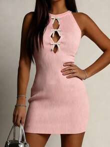 Đầm mini dệt kim không tay ôm sát, thanh lịch, thường ngày, hiện đại, đính nơ và đá lấp lánh, dành cho nữ mùa xuân/hè; trang phục công sở thường ngày; đầm hè thường ngày; đầm hồng; đầm dự tiệc thường ngày. - Hồng - Xem 1