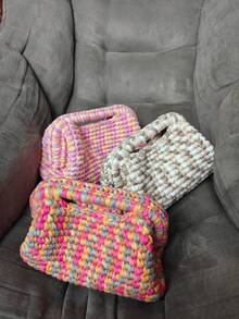 手工钩编手拿包，混色蓝色纱线，优雅手提包，带手柄，女士 - 彩色 - 查看 9