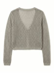 JustMiss Women's Spring/Summer Mesh Hollow Out Solid Color Minimalist Elegant Fashion Single Button Cardigan Long Sleeve Daily Home Commute Shopping Versatile Vacation T-Shirt Knit Top Sweater - Grey - View 8