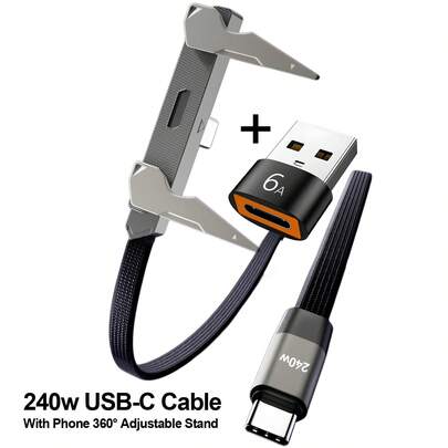 Cable de carga portátil con soporte, cable USB-C a USB-C, carga rápida de 240W, soporte incorporado para teléfono, cable trenzado duradero tipo C con soporte en forma de T de 90 grados