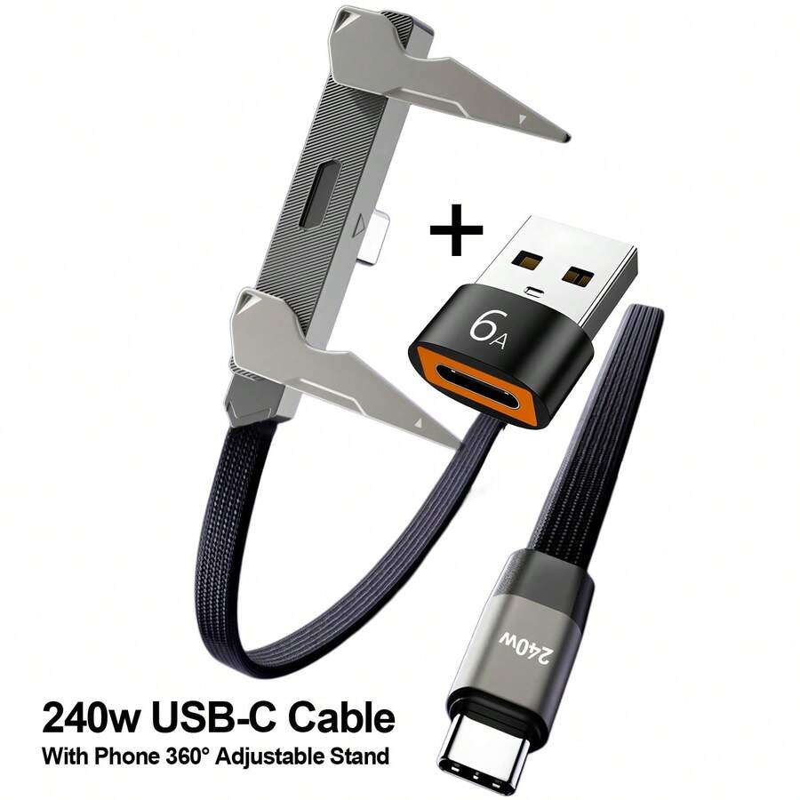 Cable de carga portátil con soporte, cable USB-C a USB-C, carga rápida de 240W, soporte incorporado para teléfono, cable trenzado duradero tipo C con soporte en forma de T de 90 grados - Negro - Ver 1