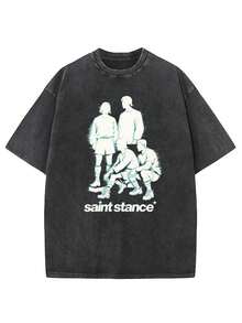 Summer Tops Summer Tops Vintage Wash T-Shirt With Light Blue Graphic| Crew Neck, Short Sleeves, 'Saint Stance' Design, Stylish Human Figures, Perfect Casual Wear For Summer, Ideal Gift For Friends, Family, Birthdays Or Any Special Occasion Summer Clothes  Summer Clothes - 黑色 - 查看 2