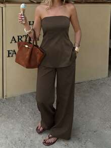 PoPoHouse Women's Two Pieces Set Sexy Backless Strapless Tube Top And Loose Wide-Leg Pants For Summer Business Office Commuting Casual Vacation Going Out Outfit Brown Suit - Khaki - View 1