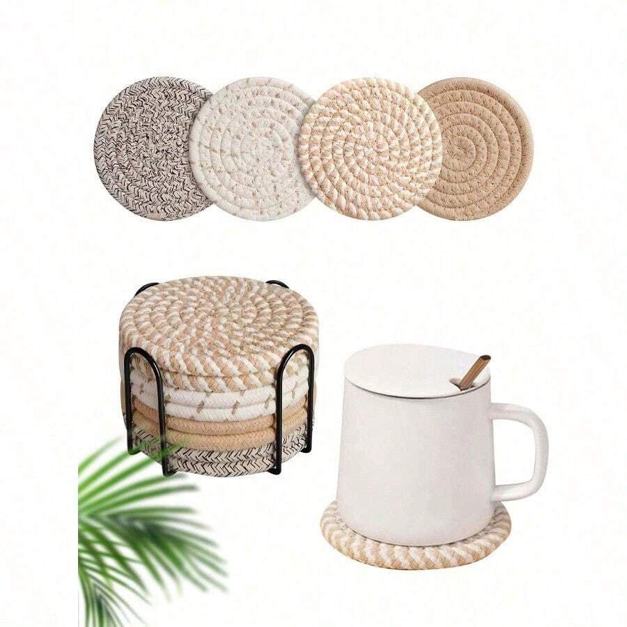 1Pc Drink Coasters With Holder, Minimalist Table Woven Coasters,Kitchen Table Heat-Resistant Coasters And Thick Insulation Pads,4 Colors Absorbent Coaster Set For Home Decor Tabletop Protection Suitable For Kinds Of Cups, 4.3 Inches - Multicolor - View 1