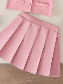 BASUSARRI 2pcs Collar Button Cardigan Top & Pleated Skirt Commuter Lady Style Elegant Sweet Outfit, Party, Date - Pink - View 6