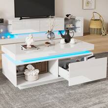 Coffee Table / Modern High-Gloss Coffee Table With LED Lighting / Elegant Table With Drawer And 50 Kg Load Capacity / With Storage Shelf For Living Room, 100x50x40.3 Cm - White2 - View 2