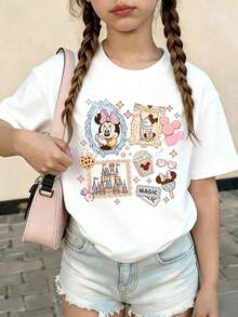 Disney Minnie Cartoon Print Summer Tops, Disneyland Graphic Tee, Perfect For Cute Girls. Teen Girl Gift,Tween Summer Clothes,Comfortable And Breathable Children's Short-Sleeved T-Shirt. Suitable For Both Boys And Girls.Suitable For Daily Wear, Vacations, Outdoor Activities, And As A Children's Gift. - White - View 2