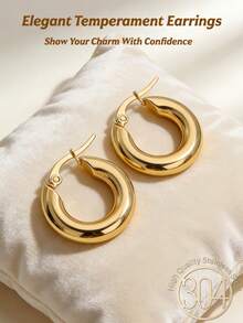 A Pair Of 18K Stainless Steel Round Thick Earrings, Women's Golden Ring-Shaped Earrings - Lightweight, Non-Allergenic, Elegant And Fashionable Jewelry Gifts - Suitable For Daily Leisure, Parties, Birthdays, And Wedding Occasions - Gold - View 4