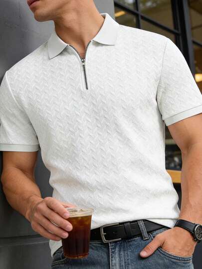 Áo polo nam mùa hè chất liệu jacquard, cổ bẻ và nửa khóa kéo, thích hợp cho đi làm hàng ngày, du lịch, nghỉ mát và các hoạt động ngoài trời, phong cách tối giản thường ngày, phong cách trưởng thành thành thị, phong cách quý ông Anh Quốc.