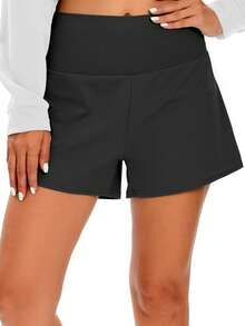 Women's Nylon Elastic High Waist 2 In 1 Sports Shorts, Hidden Pocket Design Suitable For Spring/Summer Running, Gym, Outdoor, Marathon, Tennis Black - Black - View 5