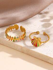 Bộ 2 chiếc nhẫn thép không gỉ hình vỏ sò và xương cá, phong cách Boho đi biển, nhẫn đeo hàng ngày cho nữ, trang sức phong cách biển. - Nhiều màu - Xem 2