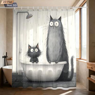 1件装趣味猫咪浴缸数码印花涤纶浴帘，可作浴室隔断帘、房间装饰、家居装饰，可水洗，有大号和小号可选，适合宿舍使用