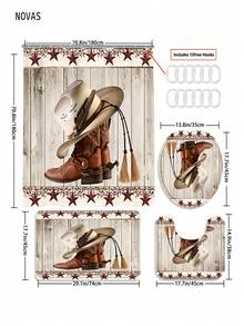 1/3/4 Stück Texas Stern, Hufeisen & Cowboystiefel Muster Duschvorhang Set mit 12 Haken, inklusive Toilette-Sitzabdeckung, Badematte und Teppich, Western Charme Thema, waschbar, aus strapazierfähigem, wasserdichtem Polyester, geeignet für Zuhause/Schlafzimmer/Wohnzimmer/Haushalt/Sommer - A - Übersicht 13