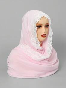 1 pieza Hiyab de unicolor con encaje de contraste para mujer, + Hiyab de viscosa, elegante pañuelo largo de 70x180cm con encaje delicado, pañuelo musulmán ligero y transpirable en múltiples colores, para playa y vacaciones - Gasa con ribete de encaje multicolor - Ver 8
