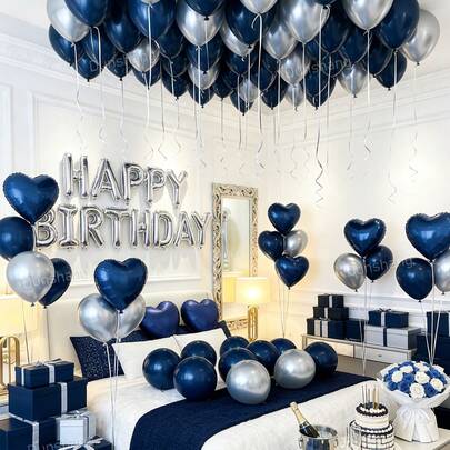 57pcs Navy Blue & Silver Birthday Decorations For Men, Including Navy Blue & Silver Latex Balloons, Happy Birthday Banner, And Heart-Shaped Foil Balloons, Suitable For Men's, Adult Birthday Party Decor, Influencer Photo Backdrop, Anniversary Celebration, Romantic Bedroom Decor, Midnight Birthday Party Supplies