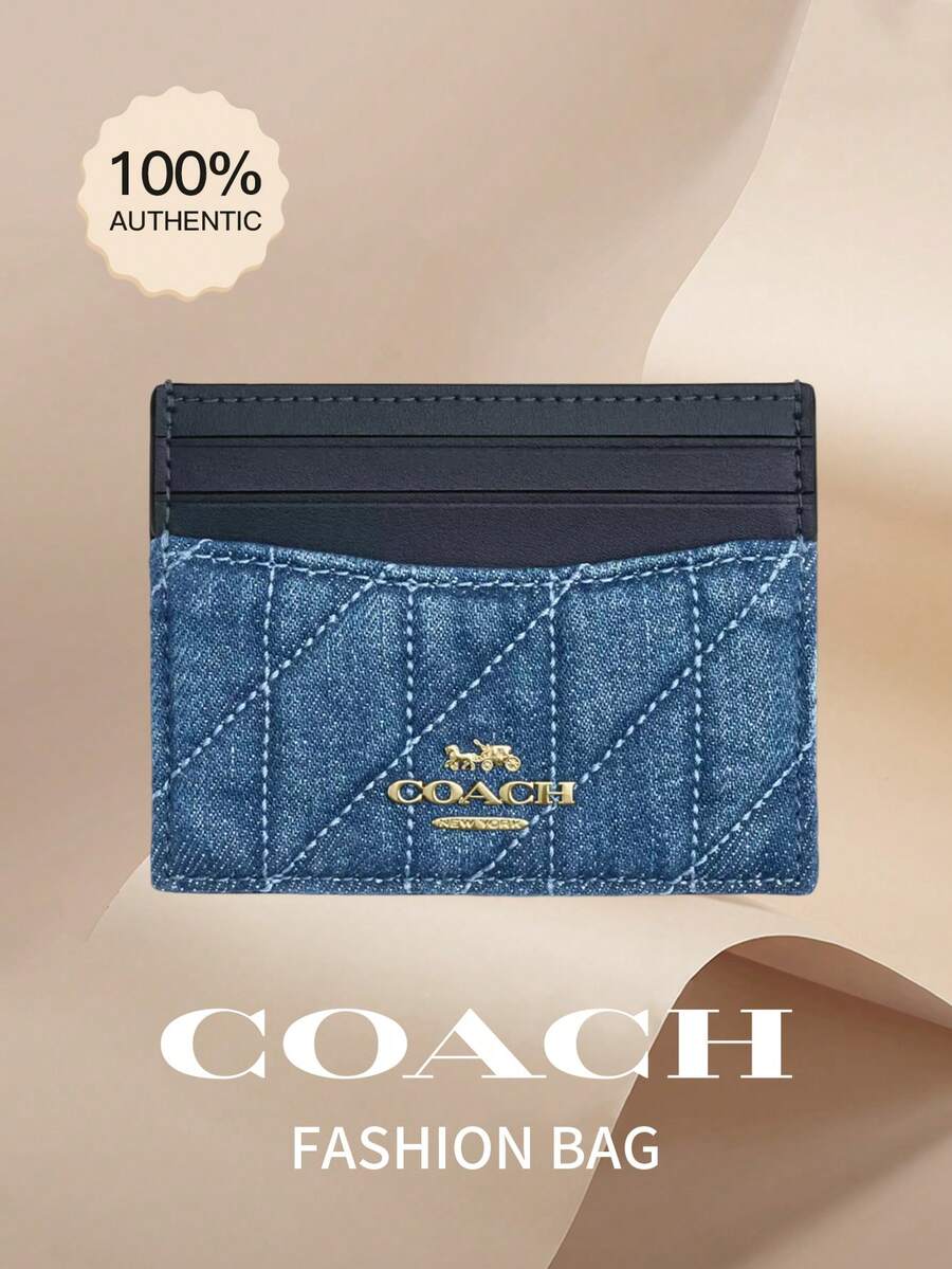 Coach 10卡位超薄钱包，RFID屏蔽，可再生棉绗缝设计卡包 - 藍色 - 查看 1