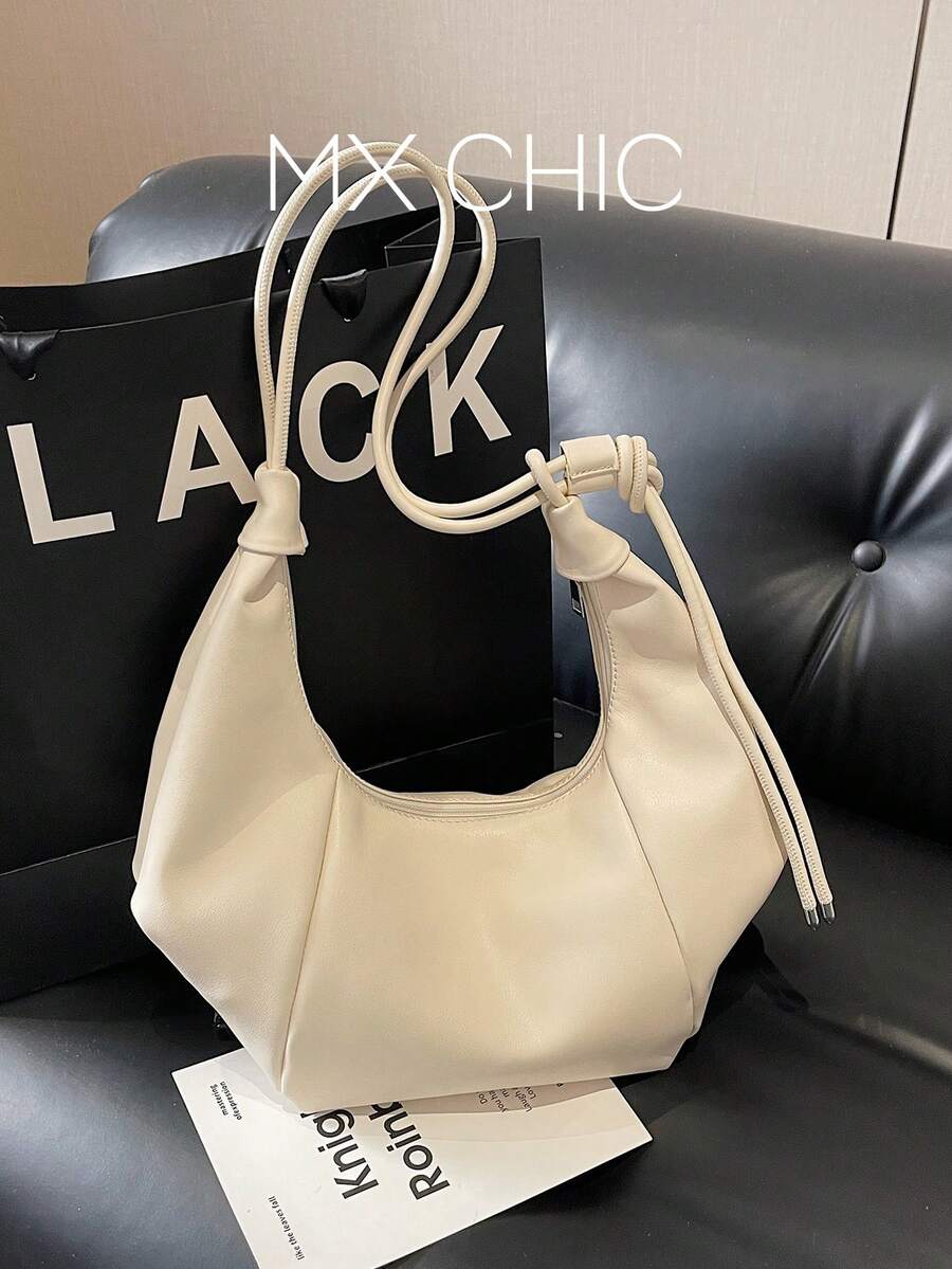 1pc Solid Color PU Crescent Shoulder Bag, Large Capacity, Fashionable For Adult Women, Suitable For Outings And Shopping - Beige - View 1