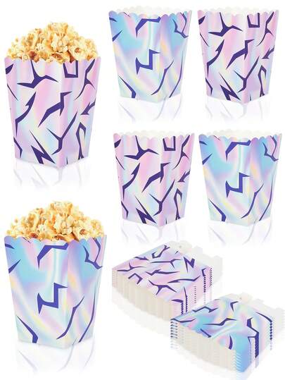 10个/30个/50个装 K-Pop 风格全息爆米花盒 - 银紫色和粉紫色，“魔法力量”裂纹图案设计；适合生日庆祝、零食储存和派对装饰；是生日派对和单身派对的理想之选。