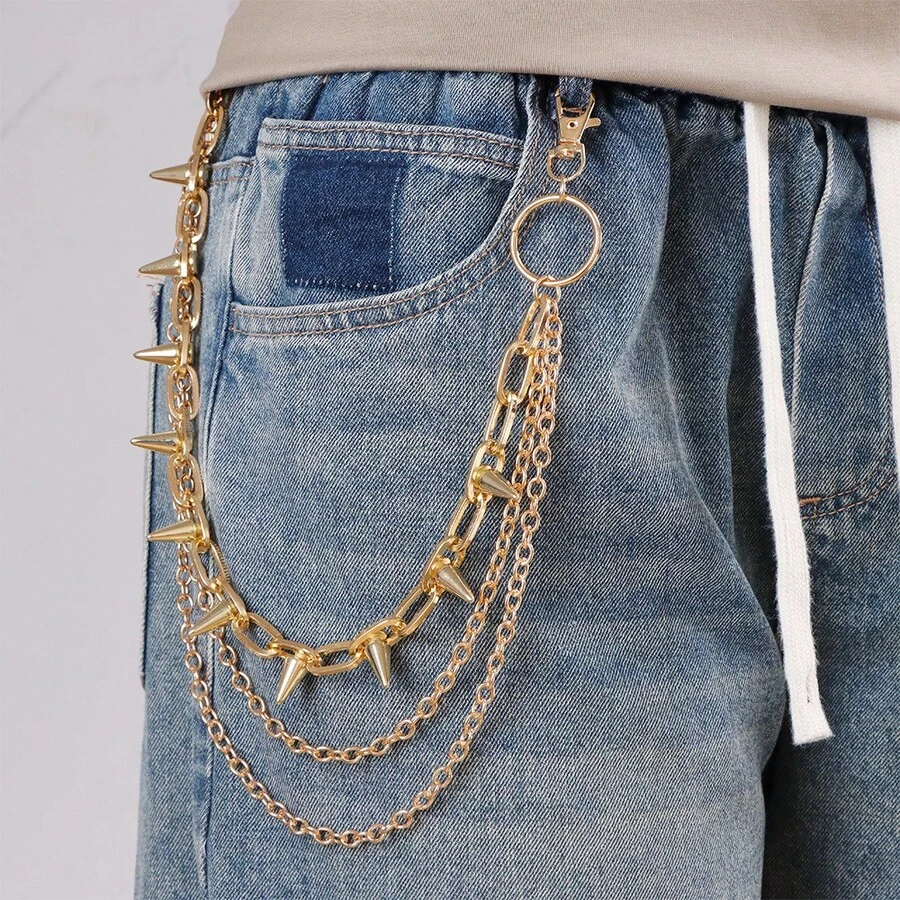 Grunge Punk 1pc Multi-Layer Alloy Stud Decor Waist Chain, Unisex Fashion Pants Chain For Men And Women; Stylish Alloy Construction With Decorative Studs, Layered Design For Bold Edge; Perfect For Daily Wearing, Fashion Matching, Summer Outfits, School Looks, Fall And Autumn Ensembles, Halloween Costumes, Concerts, Music Festivals, Clubbing, Street Photography, Casual Outings And Punk-Themed Events; Versatile Waist Accessory, Suitable For Pants, Jeans, Cargo Pants, Skirts, Dresses, Shorts And Streetwear; Lightweight, Comfortable To Wear, Easy To Adjust And Secure Fit, No Snagging On Fabric; Anti-Tarnish Alloy Material, Sturdy, Wear-Resistant And Long-Lasting Shine; Ideal For Grunge, Punk, Hip-Hop, Street And Edgy Styles, Perfect For Layering Or Solo Wear; Great Gift For Birthday, Christmas, Thanksgiving, Holiday, Anniversary, Halloween And Friendship; Eye-Catching Stud Details, Enhances Any Outfit, Adds Personality And Attitude To Your Look - 金色 - 查看 1