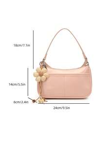 1pc Low Tea Solid Color PU Leather Shoulder Bag, Women's Retro Fashion Crescent Handbag, Top Handle Design, Zipper Closure, Detachable Adjustable Shoulder Strap, Suitable For Travel, Shopping, Dating, Women's Gift, Great For Commuting, Outdoor, Travel, Hiking (With Pendant) - Pink - View 3