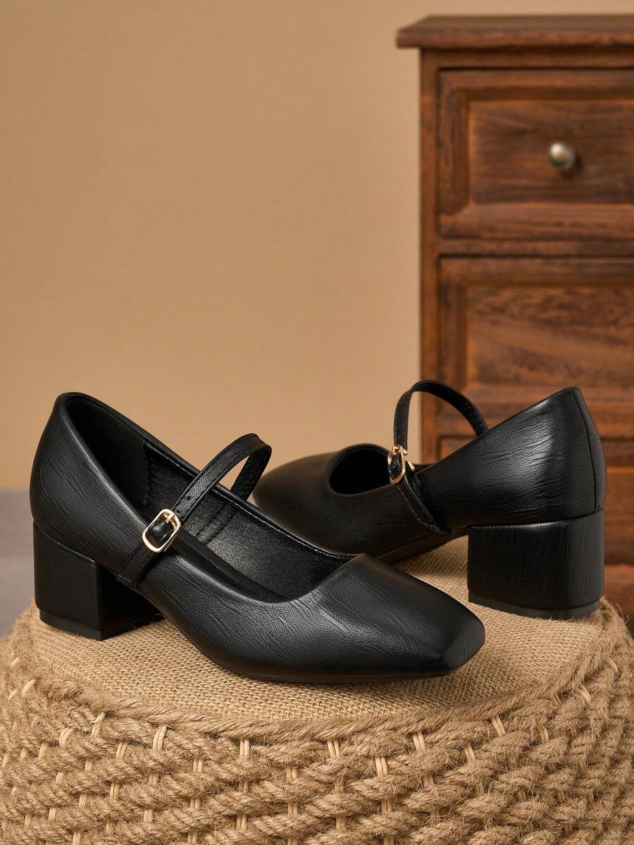 5cm Black Patent Leather Square Toe Bow Decor Chunky Heel Pumps - Black - View 1