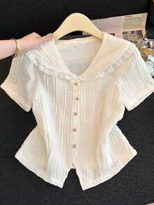 Women's Textured Gold Button Contrast Lace Lapel Short Sleeve Blouse White Summer - White - View 3