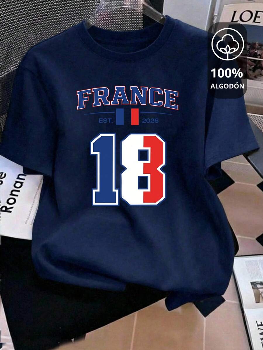 Camiseta para mujer hecha de 100% algodón, con cuello redondo y manga corta, con estampado de países favoritos del mundial de futbol soccer 2026, Francia - Azul Marino - Ver 1