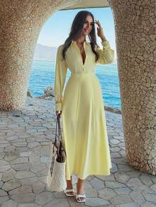 Conjunto de 2 piezas de camisa elegante casual y falda de cintura de unicolor para mujer, adecuado para citas, San Valentín, cumpleaños, cenas, ir al trabajo y otras ocasiones de primavera - Amarillo - Ver 9