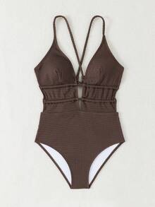 女款休閒無袖針織細肩帶比基尼性感短款連身泳衣，綁帶設計，中等彈性，度假海灘夏季棕色，美學風格 - 棕色 - 查看 5
