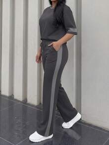 Spring/Summer Women's 2 Pieces Set, Casual Versatile Contrast Color Round Neck Short Sleeve Top And High Waist Drawstring Straight Leg Pants Elegant - Dark Gray + Gray - View 5
