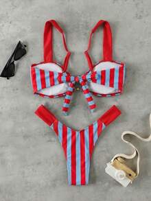 New Striped Ruffle Sexy Elegant Beach Vacation Party Swimsuit Set For Women, Spring/Summer - Multicolor - View 3
