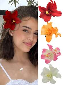 4 chiếc kẹp tóc hoa kiểu Hawaii nhiệt đới, kẹp tóc hoa cúc Gerbera nhân tạo nhiều màu sắc, thích hợp cho mùa hè, đi biển, tiệc Luau, đám cưới, phụ kiện tóc cưới phong cách Bohemian ngày Valentine (Đỏ, Vàng, Hồng, Trắng) - Nhiều màu - Xem 2