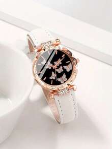 6件套优雅蝴蝶表盘石英表套装，搭配PU皮表带、珍珠蝴蝶手链项链、戒指和耳环，适合女孩在毕业典礼、返校、家庭聚会、庆祝活动、派对、度假、旅行等场合佩戴，是理想的毕业和母亲节礼物。 - 彩色 - 查看 5