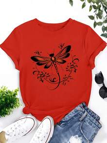 Artistic Orange Dragonfly Floral Pattern Shirt Casual Cotton Crew Neck Short Sleeved Versatile Stylish Artistic Decorative Style Enthusiasts - 紅色 - 查看 15