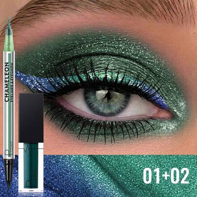 Pudaier 2件套眼影膏和变色眼线笔，闪亮防水，适合派对和音乐节。