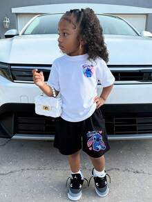 Official Authorization Disney Lilo & Stitch Print Kids Outfit, Toddler Girls Cute Cartoon T-Shirt & Shorts Set, Summer Casual Tracksuit For Daily Wear Theme Park Vacation, Children's Clothing Holiday Gift - 白色 - 查看 1