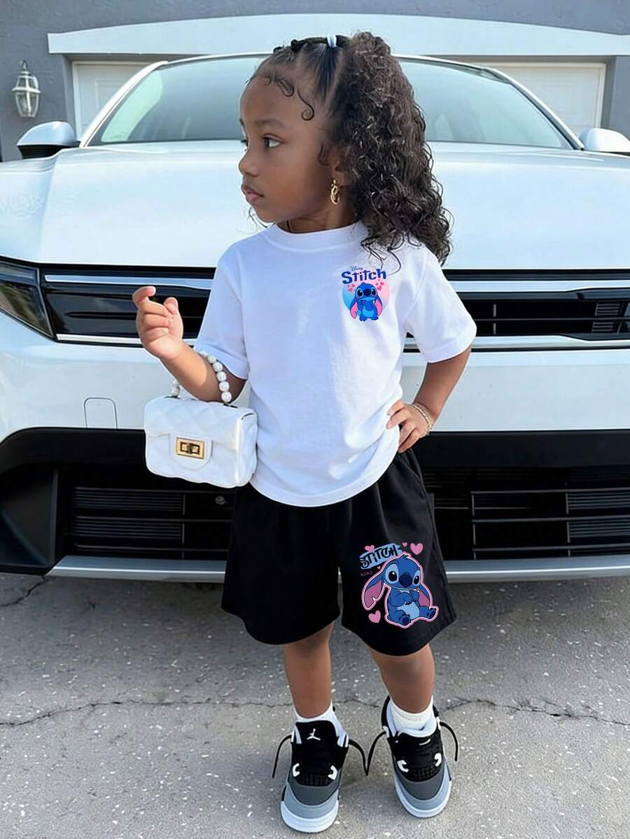 Official Authorization Disney Lilo & Stitch Print Kids Outfit, Toddler Girls Cute Cartoon T-Shirt & Shorts Set, Summer Casual Tracksuit For Daily Wear Theme Park Vacation, Children's Clothing Holiday Gift - 白色 - 查看 1