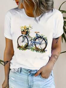 Women's Plus-Size Clothing, Short-Sleeved T-Shirt With Chrysanthemum Bicycle Print. - 白色 - 查看 6