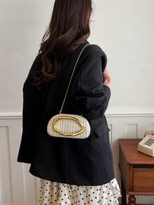 优雅斜纹软呢手提包，金色C形扣设计，可拆卸链条肩带，正式晚宴手拿包 - 米色 - 查看 9