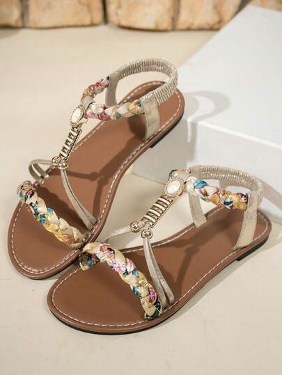 1双女士平底凉鞋，时尚花卉编织透气露趾大码波西米亚串珠沙滩度假休闲香槟色凉鞋