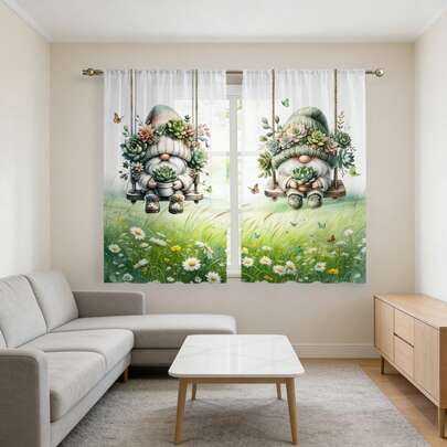 Bộ 2 rèm cửa phòng ngủ họa tiết cây lùn và cây mọng nước hoạt hình, cản sáng một phần, thiết kế không cần khoan lỗ, kiểu treo thanh rèm, phong cách đồng quê cho phòng khách và nhà bếp, phù hợp trang trí nhà cửa, phòng ngủ, vách ngăn nhà, chất liệu polyester, có thể giặt máy.