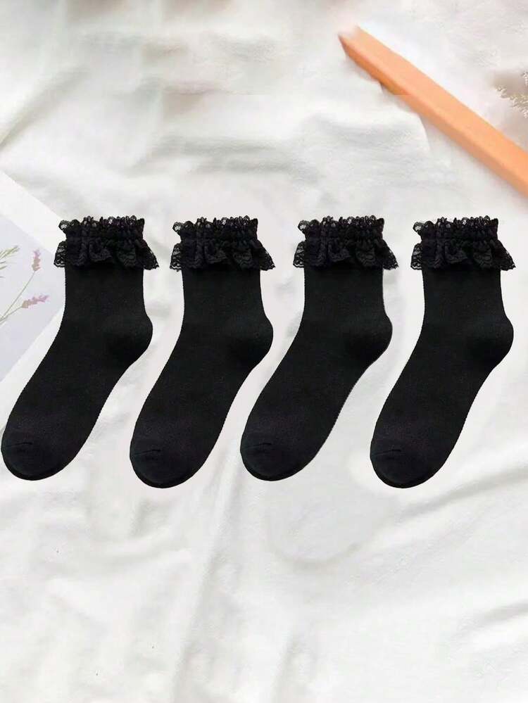 4 双女士黑色蕾丝边中筒袜，休闲学院风居家旅行袜，秋季袜子 - 黑色 - 查看 2