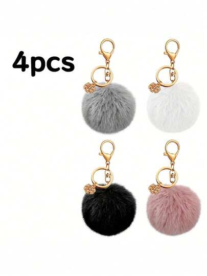 4 Cute Pom Pom Keychain Set - Suitable For Keys, Handbags And Backpacks.Casual Style Accessories, Backpack Decoration |   Interesting Decorations