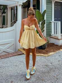 女士夏季露背打结抹胸迷你连衣裙，度假必备 - 黃色 - 查看 4