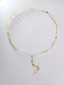 1PC Gradient Pink Green Beaded Rosary Chain - Boho Crystal Mary Christian Cross Necklace For Prayer Combine Well With Any Outfit Beach With Gift Box Set - Rosary - View 4
