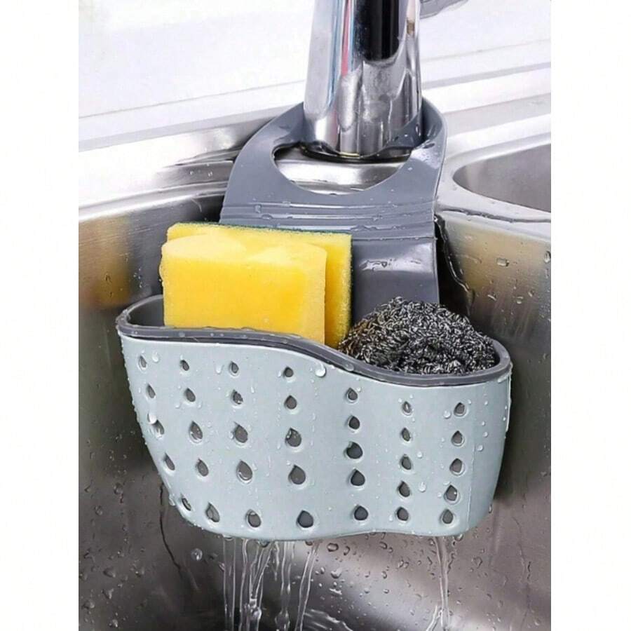 1 pieza Cesta colgante ajustable de doble capa con caja de almacenamiento de silicona, rejilla de drenaje para fregadero de cocina, cesta organizadora de grifo, se puede usar como soporte para esponjas, colgador de paños de cocina, cesta de grifo o bolsa de almacenamiento de cocina