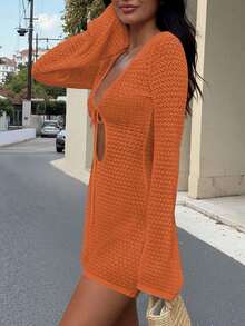 Women's New Hollow Out Sexy Beach Vacation Casual Daily Dress, Flared Sleeve Short Knit Sweater Dress, Spring/Summer/Autumn White - Màu Cam san hô - Xem 3